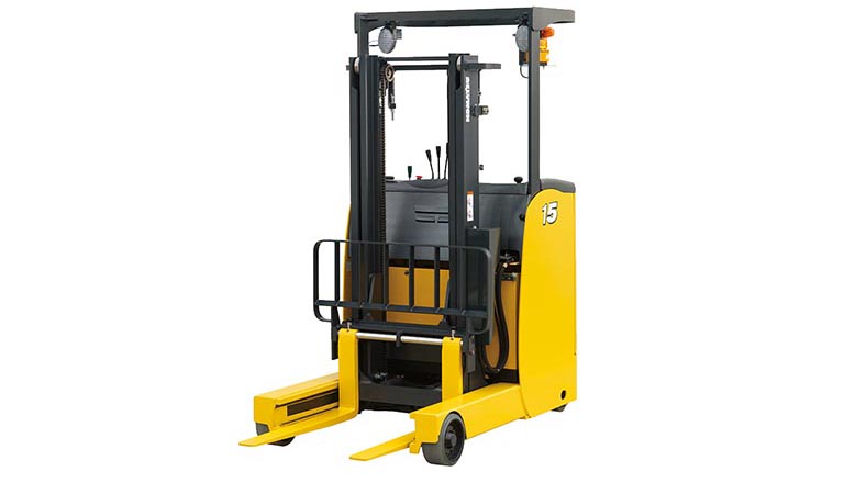 Forklift that is operated standing up (Reach fork)